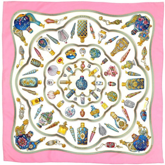 Auth HERMES Qu'Importe Le Flacons Perfume Flask Bottle Square Scarf Silk Soie